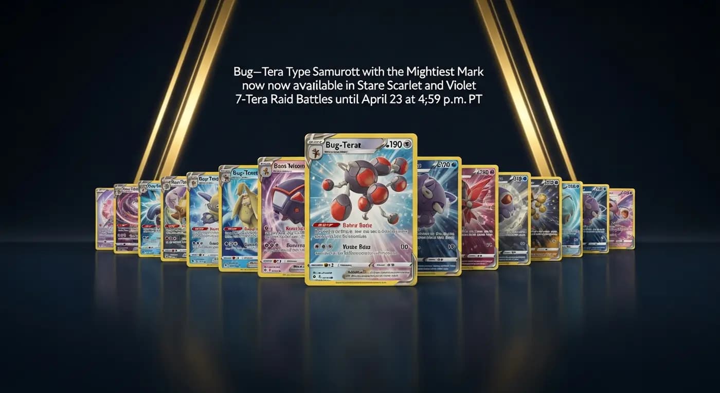Bug–Tera Type Samurott with the Mightiest Mark now available in Pokémon Scarlet and Violet 7-star Tera Raid Battles until April 23 at 4:59 p.m. PT