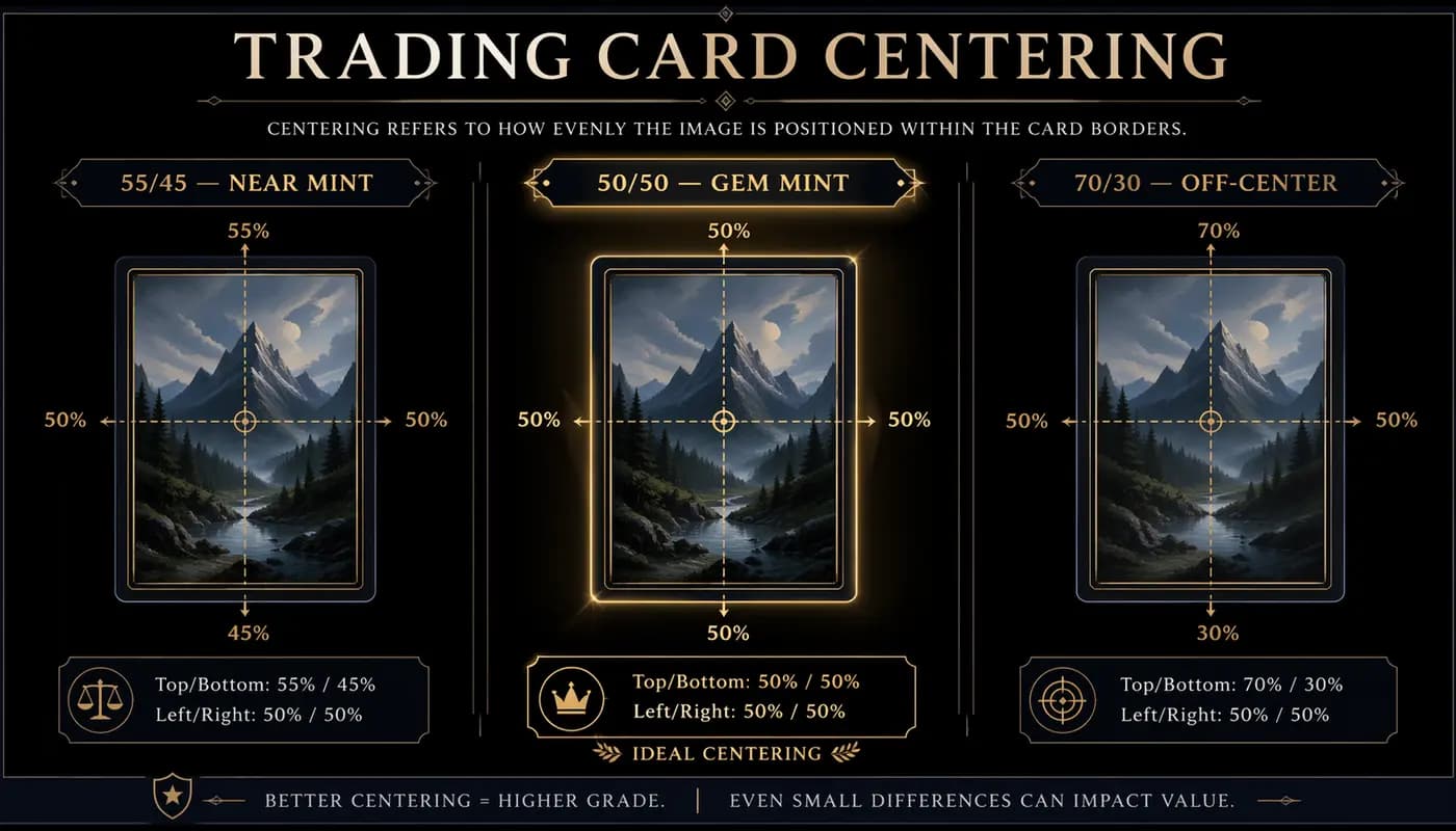 Trading card centering guide — 55/45 Near Mint, 50/50 Gem Mint, 70/30 Off-Center