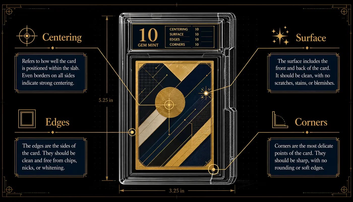 Grade anatomy — Centering, Surface, Edges, Corners