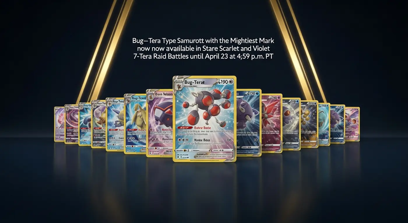 Bug–Tera Type Samurott with the Mightiest Mark now available in Pokémon Scarlet and Violet 7-star Tera Raid Battles until April 23 at 4:59 p.m. PT