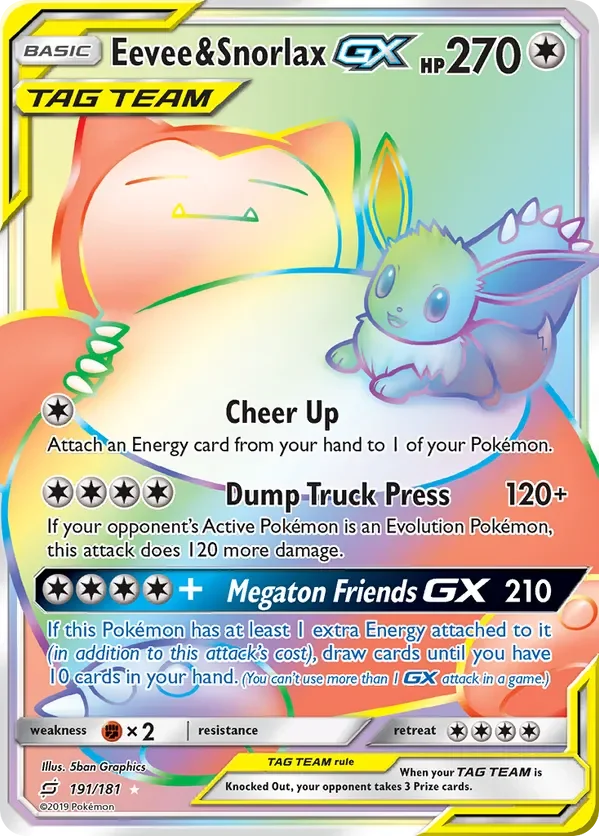 191/181 Eevee & Snorlax GX Rainbow Rare Pokemon Card