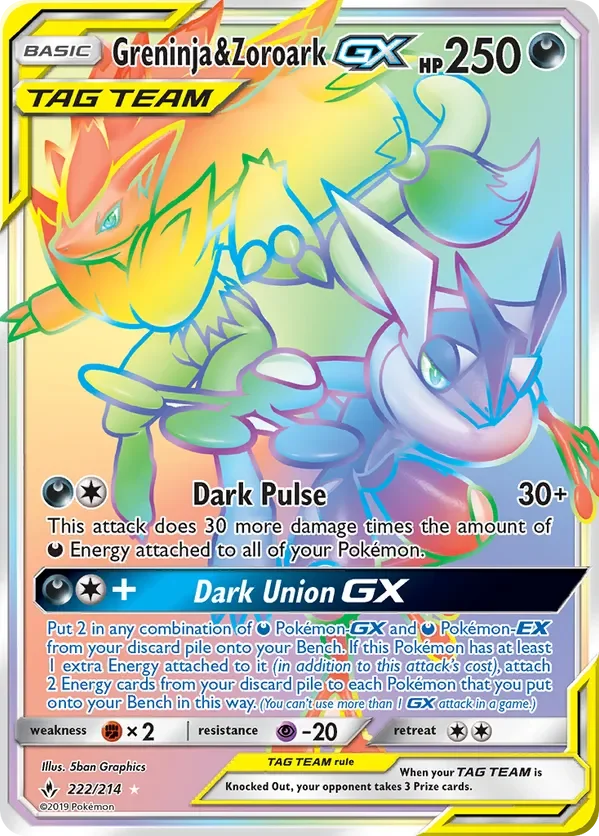 222/214 Greninja & Zoroark GX Rainbow Rare Pokemon Card