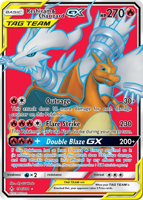 194/214 Reshiram & Charizard GX Full Art Ultra Rare Pokemon Card