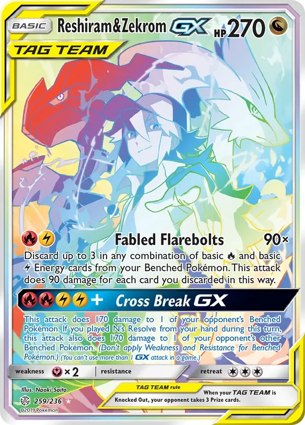 259/236 Reshiram & Zekrom GX Rainbow Rare Pokemon Card