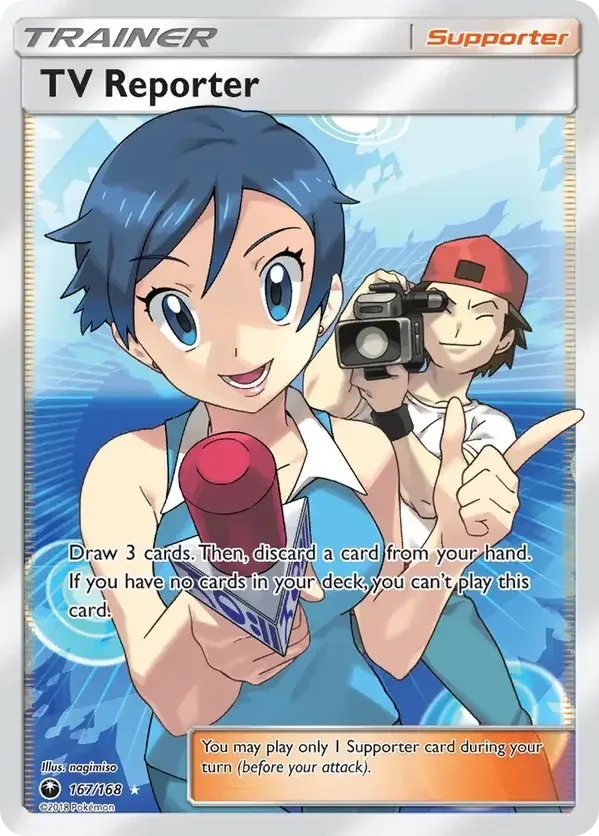 167/168 TV Reporter Full Art Trainer Pokemon Card