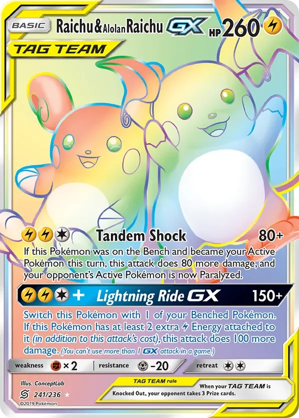 241/236 Raichu & Alolan Raichu GX Rainbow Rare Pokemon Card