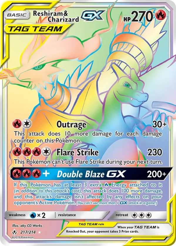 217/214 Reshiram & Charizard GX Rainbow Rare Pokemon Card
