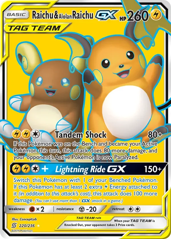 220/236 Raichu & Alolan Raichu GX Full Art Ultra Rare Pokemon Card