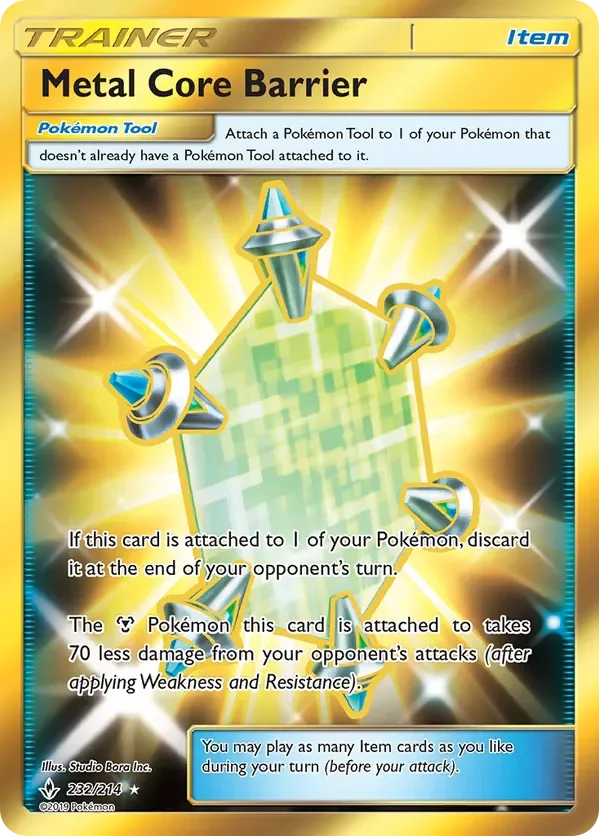232/214 Metal Core Barrier Gold Rare Trainer Card