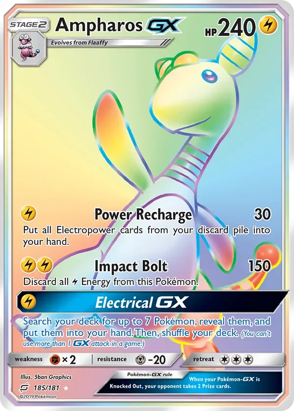185/181 Ampharos GX Rainbow Rare Pokemon Card