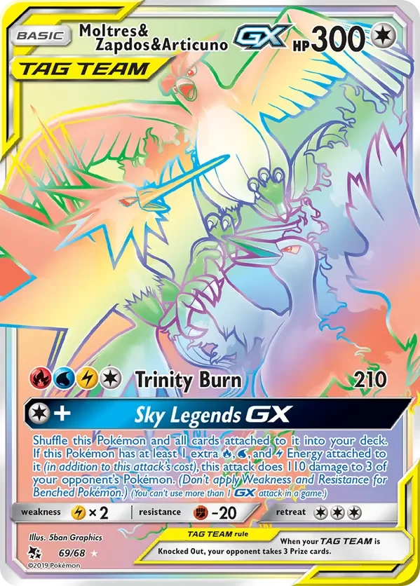 69/68 Moltres & Zapdos & Articuno GX Secret Rainbow Rare Pokemon Card